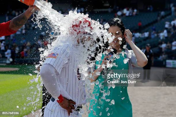 Yolmer Sanchez of the Chicago White Sox is dunked after their win over the Texas Rangers at Guaranteed Rate Field on July 2, 2017 in Chicago,...