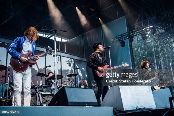 Richard Reed Parry, Win Butler and Regine Chassange of Arcade Fire perform live on stage during a concert at Kindl Buehne Wuhlheide on July 2, 2017...