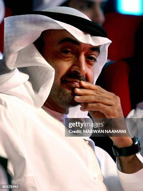 Emirati Crown Prince Sheikh Mohammed bin Zayed al-Nahayan attends the shooting of the "One Million Dirham Poet" TV program in Abu Dhabi, on April 9,...