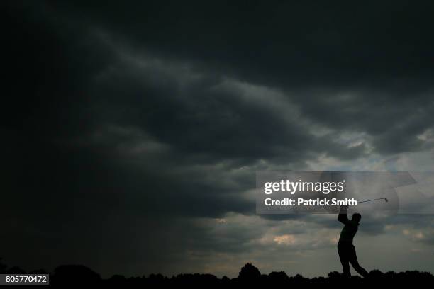 Kyle Stanley of the United States plays his shot from the 17th tee during the final round of the Quicken Loans National on July 2, 2017 TPC Potomac...