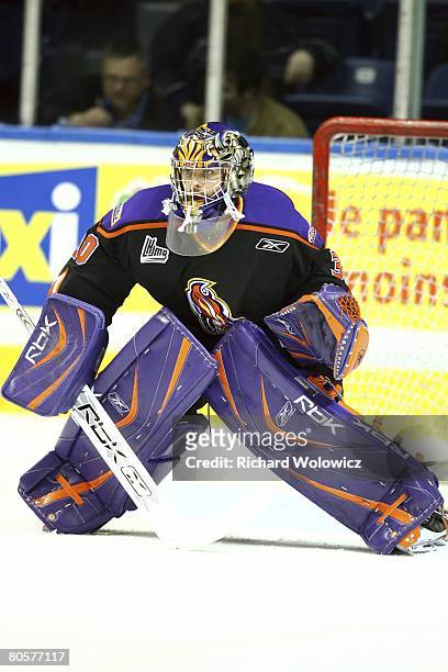 Ryan Mior of the Gatineau Olympiques warms up prior to facing the Quebec City Remparts at Colisee Pepsi on April 08, 2008 in Quebec City, Quebec,...