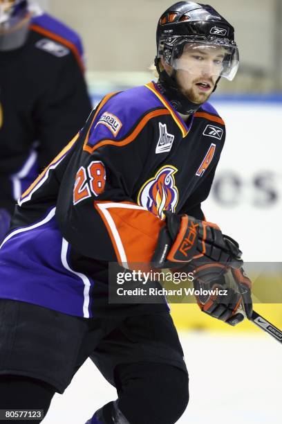 Claude Giroux of the Gatineau Olympiques skates during the warm up session prior to facing the Quebec City Remparts at Colisee Pepsi on April 08,...