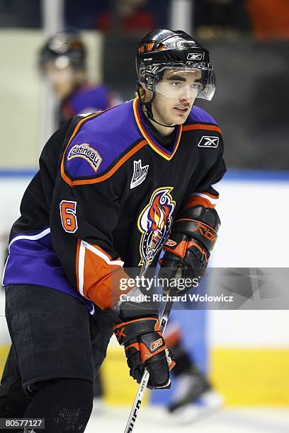 Steven Delisle of the Gatineau Olympiques skates during the warm up session prior to facing the Quebec City Remparts at Colisee Pepsi on April 08,...