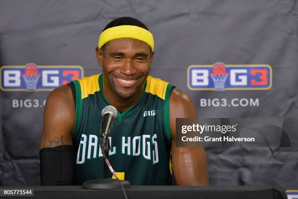 Derrick Byars of Ball Hogs smiles during a press conference after a win against Tri-State during week two of the BIG3 three on three basketball...