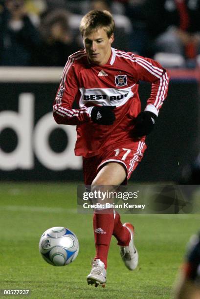 Chris Rolfe of the Chicago Fire in action during the first half against the the New England Revolution at Toyota Park on April 3, 2008 in Bridgeview,...