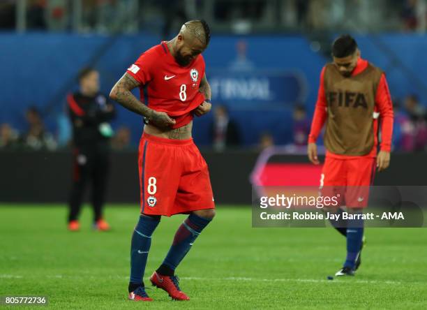 Arturo Vidal of Chile looks dejected at the end of the FIFA Confederations Cup Russia 2017 Final match between Chile and Germany at Saint Petersburg...
