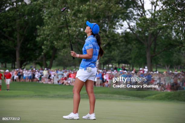 Danielle Kang reacts after making a birdie putt to win the the 2017 KPMG PGA Championship at Olympia Fields Country Club on July 2, 2017 in Olympia...