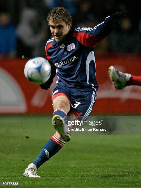 Chris Albright of the New England Revolution in action during the first half against the Chicago Fire at Toyota Park on April 3, 2008 in Bridgeview,...