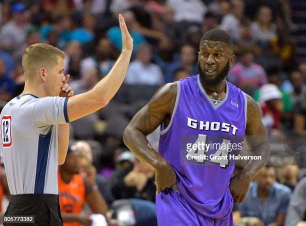 Ivan Johnson of Ghost Ballers questions a call by the official in their game against 3's Company during week two of the BIG3 three on three...