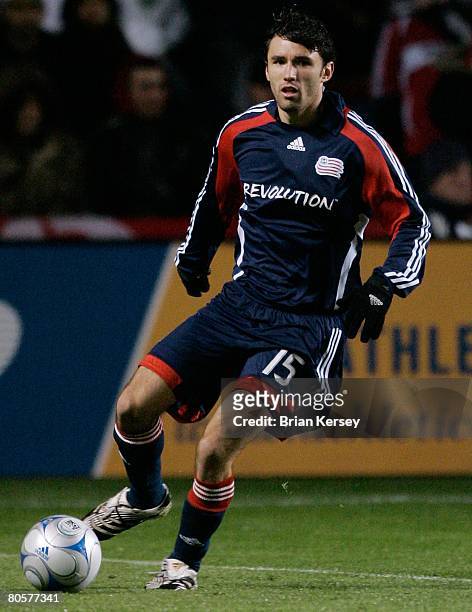 Michael Parkhurst of the New England Revolution in action during the first half against the Chicago Fire at Toyota Park on April 3, 2008 in...