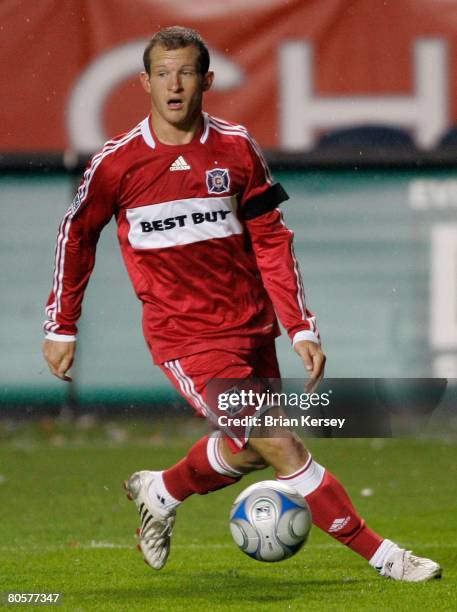 Chad Barrett of the Chicago Fire in action during the first half against the the New England Revolution at Toyota Park on April 3, 2008 in...