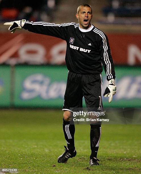 Jon Busch of the Chicago Fire in action against the New England Revolution during the first half at Toyota Park on April 3, 2008 in Bridgeview,...