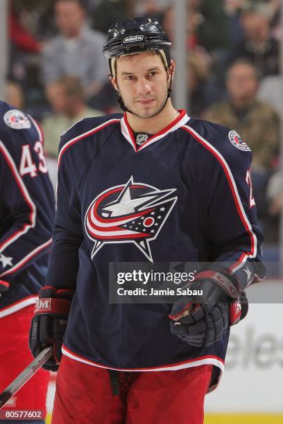 Zenon Konopka of the Columbus Blue Jackets get ready to take a face off against the St. Louis Blues on April 6, 2008 at Nationwide Arena in Columbus,...