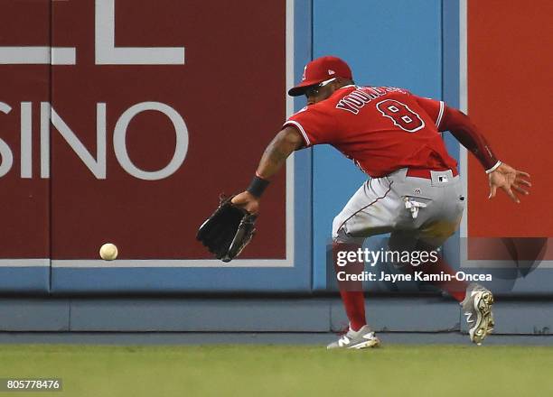 Eric Young Jr. #8 of the Los Angeles Angels of Anaheim fields the ball in game against the Los Angeles Dodgers at Dodger Stadium on June 27, 2017 in...