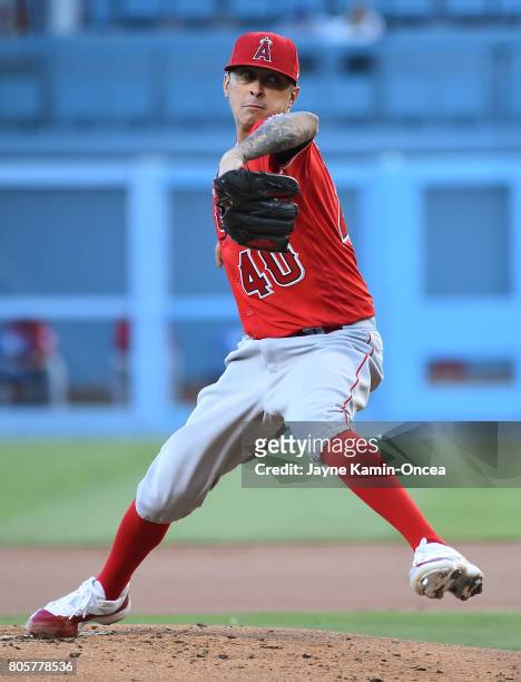 Jesse Chavez of the Los Angeles Angels of Anaheim in the first inning of the game against the Los Angeles Dodgers at Dodger Stadium on June 27, 2017...