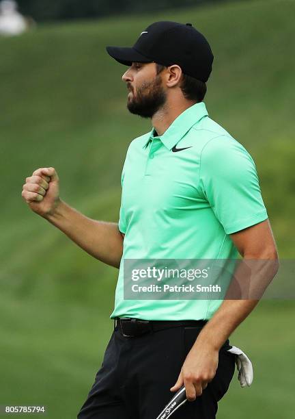 Kyle Stanley of the United States reacts after defeating Charles Howell III of the United States during a playoff in the final round of the Quicken...