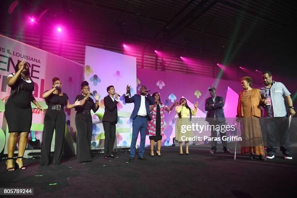 George Potts Young, CeCe Winans and Jekalyn Carr perform onstage for Cissy Houston during a tribute at the 2017 ESSENCE Festival presented by...