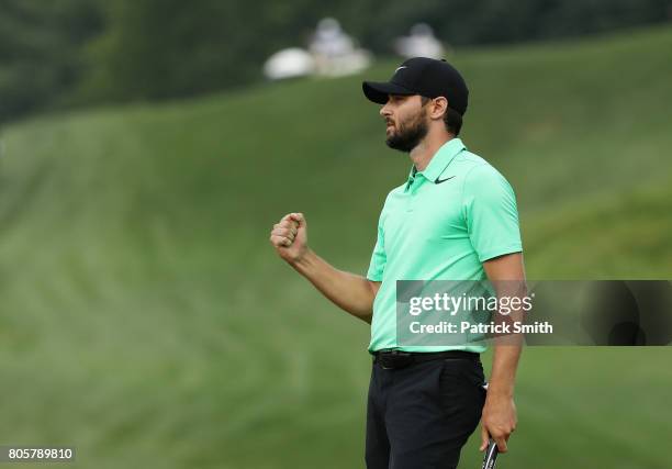 Kyle Stanley of the United States reacts after defeating Charles Howell III of the United States during a playoff in the final round of the Quicken...