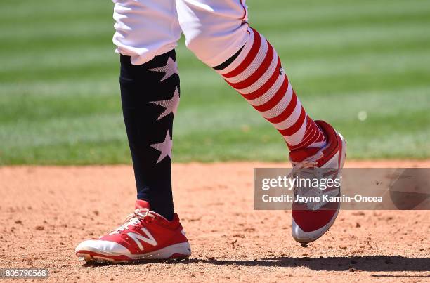 Eric Young Jr. #8 of the Los Angeles Angels of Anaheim in the game as a pinch runner in the eighth inning of the game against the Seattle Mariners at...