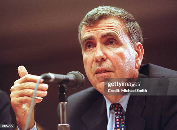 Time Warner Chairman Gerald Levin testifies about the proposed merger of AOL and Time Warner at the Federal Communication Commission July 27, 2000 in...