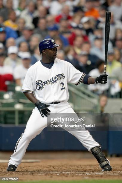 Bill Hall of the Milwaukee Brewers gets ready at the plate against the San Francisco Giants during the Opening Day game on April 4, 2008 at Miller...