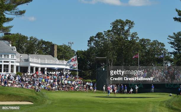 General view of the 9th green and clubhouse during the final round of the 2017 U.S. Senior Open Championship at Salem Country Club on July 2, 2017 in...