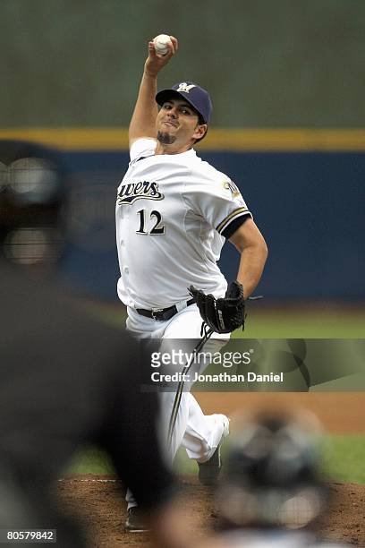 Carlos Villanueva of the Milwaukee Brewers delivers a pitch against the San Francisco Giants during the Opening Day game on April 4, 2008 at Miller...