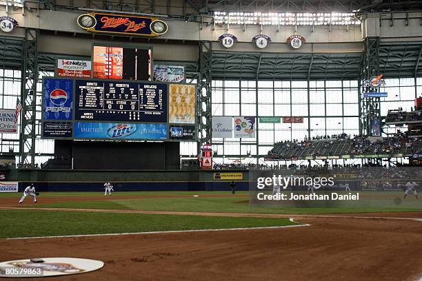 Carlos Villanueva of the Milwaukee Brewers throws the first pitch of the Opening Day game against the San Francisco Giants on April 4, 2008 at Miller...