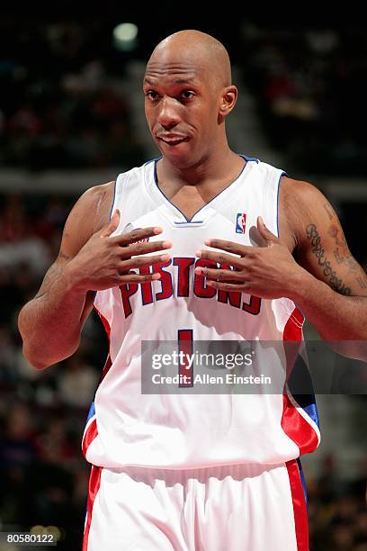 Chauncey Billups of the Detroit Pistons reacts during the game against the New Orleans Hornets on March 16, 2008 at The Palace of Auburn Hills in...