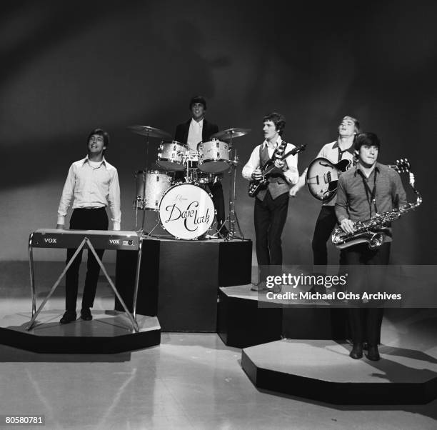 The Dave Clark Five L-R Mike Smith, Dave Clark, Rick Huxley, Lenny Davidson and Denis Peyton rehearse for an appearance on the TV show Shindig circa...