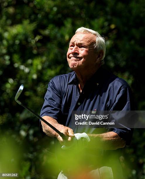 Arnold Palmer hits a shot during the Par 3 Contest prior to the start of the 2008 Masters Tournament at Augusta National Golf Club on April 9, 2008...