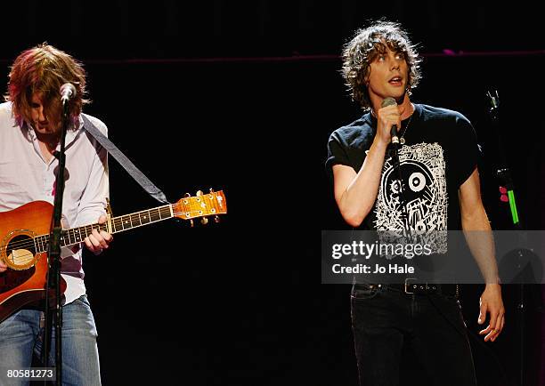 Andy Burrows and Johnny Borrell of Razorlight perform live on stage during the second night of a series of concerts and events in aid of Teenage...