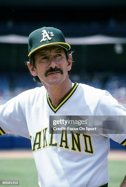 Manager Billy Martin of the Oakland Athletics leans up against the batting cage before a MLB baseball game circa early 1980's. Martin managed the...