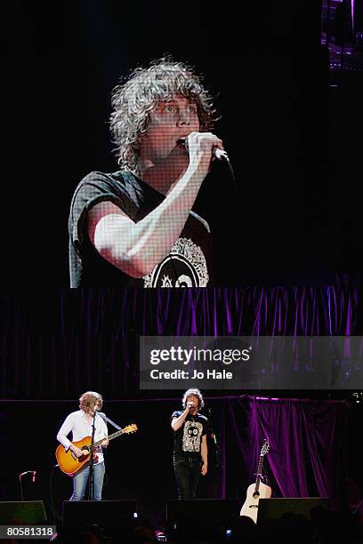 Andy Burrows and Johnny Borrell of Razorlight perform live on stage during the second night of a series of concerts and events in aid of Teenage...