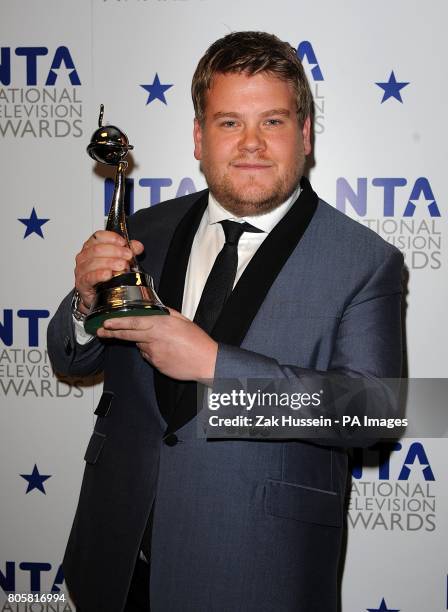 James Corden celebrates with the Comedy award recieved for Gavin and Stacey, at the National Television Awards 2010, at the 02 Arena, London.