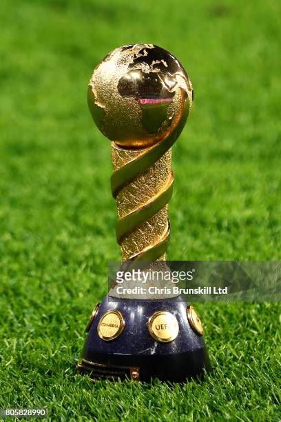 The FIFA Confederations Cup trophy sits on the pitch following the FIFA Confederations Cup Russia 2017 Final match between Chile and Germany at Saint...
