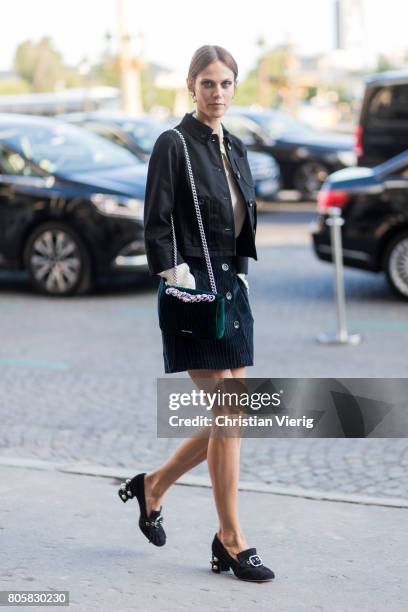 Aymeline Valade outside Miu Miu Cruise Collection during Paris Fashion Week - Haute Couture Fall/Winter 2017-2018 : Day One on July 2, 2017 in Paris,...