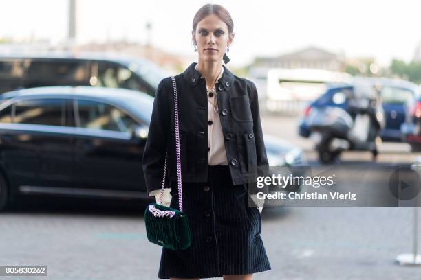 Aymeline Valade outside Miu Miu Cruise Collection during Paris Fashion Week - Haute Couture Fall/Winter 2017-2018 : Day One on July 2, 2017 in Paris,...