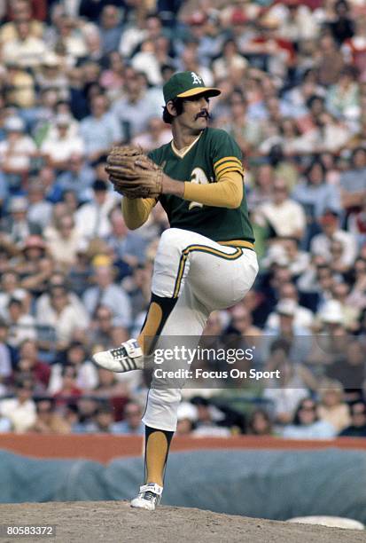 S: Pitcher Rollie Fingers of the Oakland Athletics pitches during a circa early 1970's Major League Baseball game at the Oakland Coliseum in Oakland,...