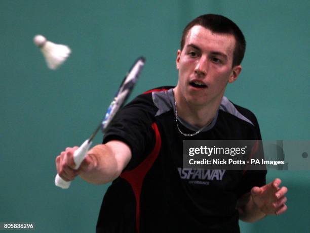 England's Peter Mills practices during the photocall at the National Badminton Centre, Milton Keynes.
