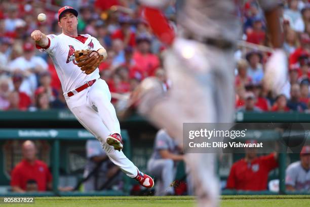 Jedd Gyorko of the St. Louis Cardinals throws to first base against the Washington Nationals in the first inning at Busch Stadium on July 2, 2017 in...