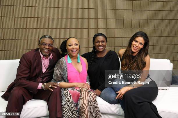 The cast of Greenleaf Keith David, Lynn Whitfield, Deborah Joy Winans, and Merle Dandridge pose a picture backstage during the 2017 Essence Festival...