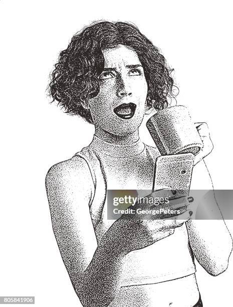 young woman using phone and receiving stupid message - coffee scratchboard stock illustrations