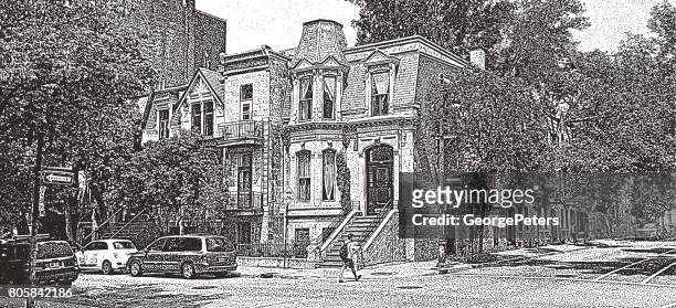 victorian home on street in old town montreal near mcgill university - american house stock illustrations