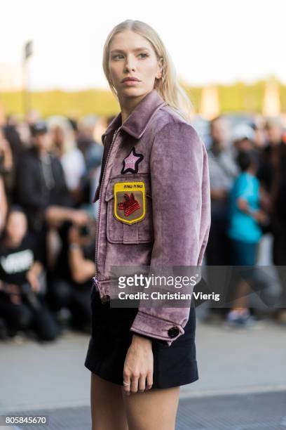 Elena Perminova outside Miu Miu Cruise Collection during Paris Fashion Week - Haute Couture Fall/Winter 2017-2018 : Day One on July 2, 2017 in Paris,...