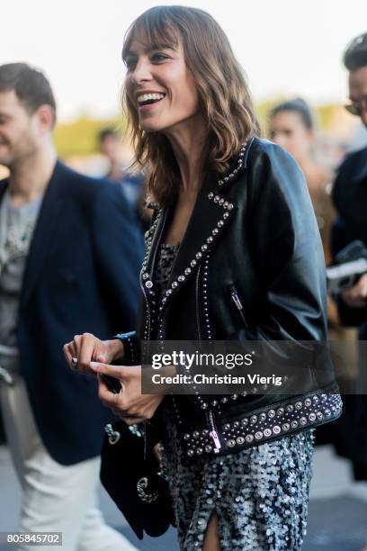 Alexa Chung outside Miu Miu Cruise Collection during Paris Fashion Week - Haute Couture Fall/Winter 2017-2018 : Day One on July 2, 2017 in Paris,...