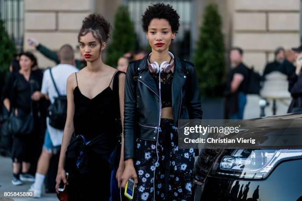 Models outside Miu Miu Cruise Collection during Paris Fashion Week - Haute Couture Fall/Winter 2017-2018 : Day One on July 2, 2017 in Paris, France.