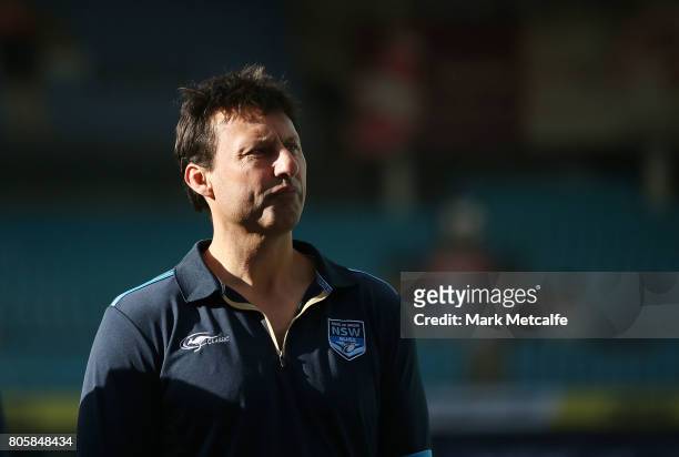 Blues coach Laurie Daley looks on during the New South Wales Blues Team Announcement at ANZ Stadium on July 3, 2017 in Sydney, Australia.
