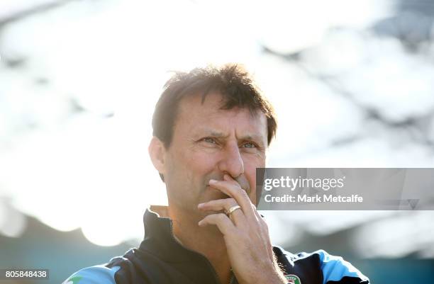 Blues coach Laurie Daley looks on during the New South Wales Blues Team Announcement at ANZ Stadium on July 3, 2017 in Sydney, Australia.