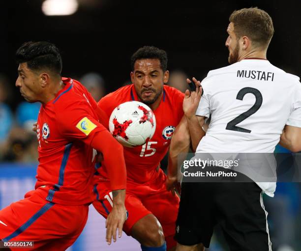 Gonzalo Jara of Chile national team, Jean Beausejour of Chile national team and Shkodran Mustafi of Germany national team during FIFA Confederations...